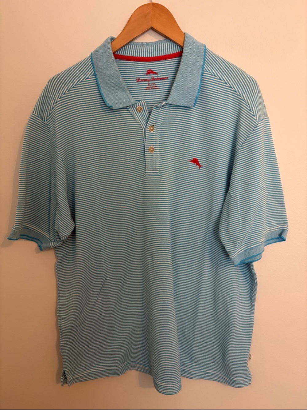 Tommy Bahama Light Blue Striped Polo Shirt with Red Logo